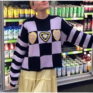 The Ragged Priest Black and Lavender Checkerboard Heart Crochet Sweater